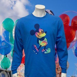 Disney Parks Blue Multi Color Rainbow Mickey Graphic T-Shirt Spellout Sleeve XL